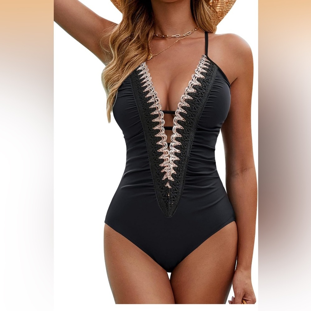 BMJL  Sexy One Piece Swimsuit Ruched Tummy Control Bathing Suit Plunge S/ 690-1